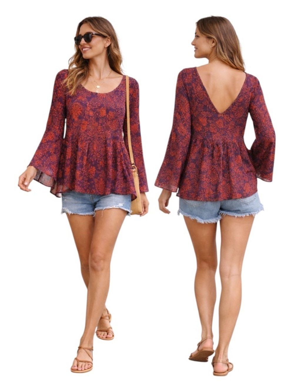O’NEILL Lianne Boho Floral Deep Scoop Back | Bell Sleeve Peplum Top| Medium